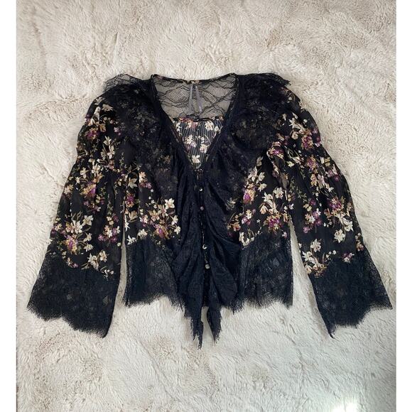 Anthropologie Tops - Anthropologie Black Lace Ruffle Floral Sheer Blouse